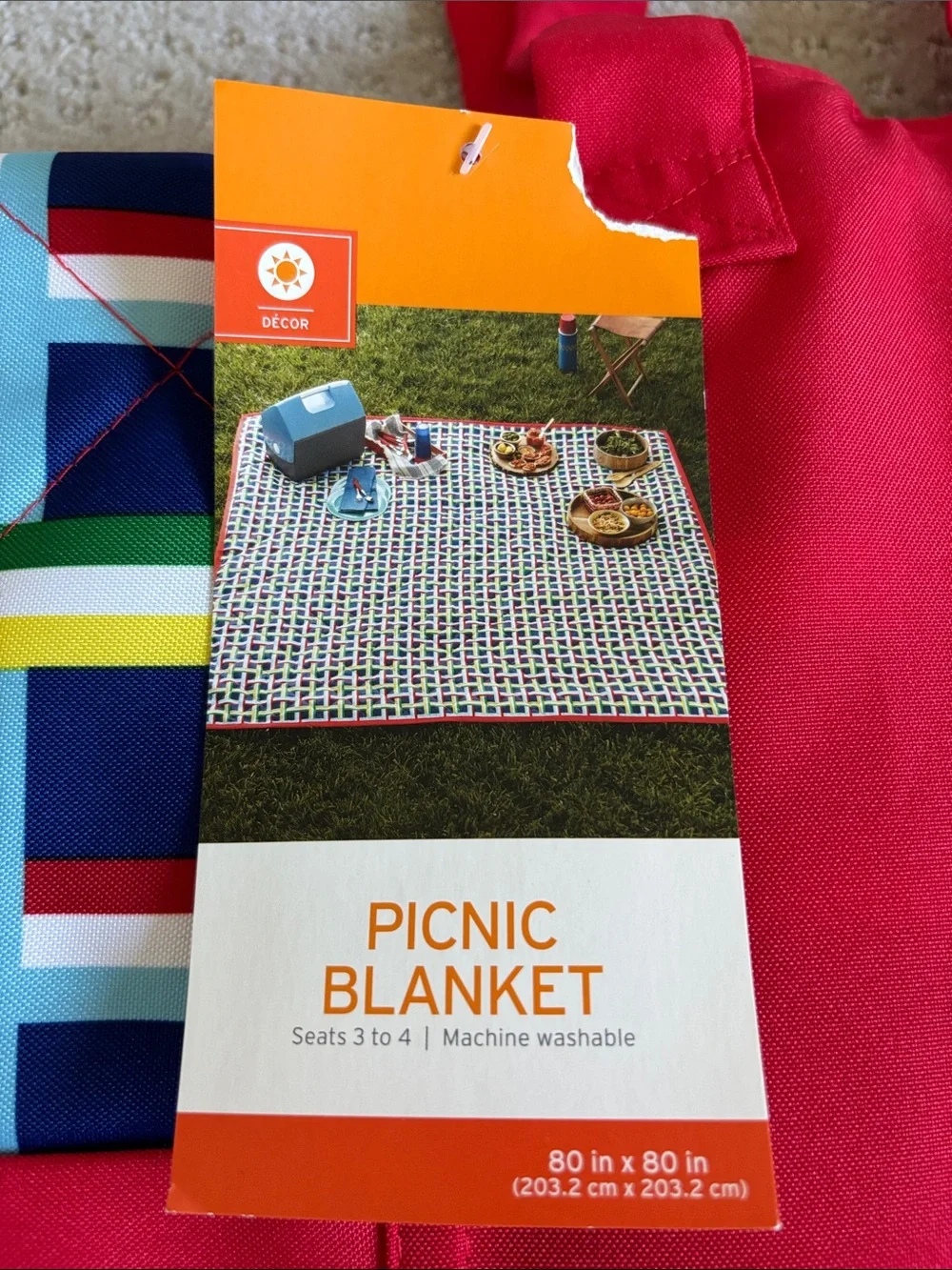 Picnic Blanket with Velcro Carrying Case - Red Multicolor - 80”x80” - Seats 3-4